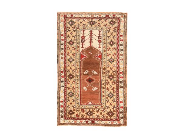 4'1"x6' Light Brown, Vintage Turkish Konya, 100% Wool, Hand Knotted, Professionally Cleaned, Even Wear, Sides and Ends Secured, Oriental Rug HR78548