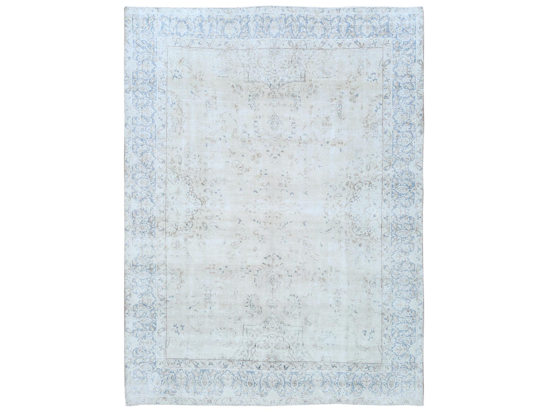 9'6"x12'6" Ivory Semi Antique Persian Kerman, Distressed Look, Hand Knotted Cropped Thin, Worn Wool Oriental Rug HR81259
