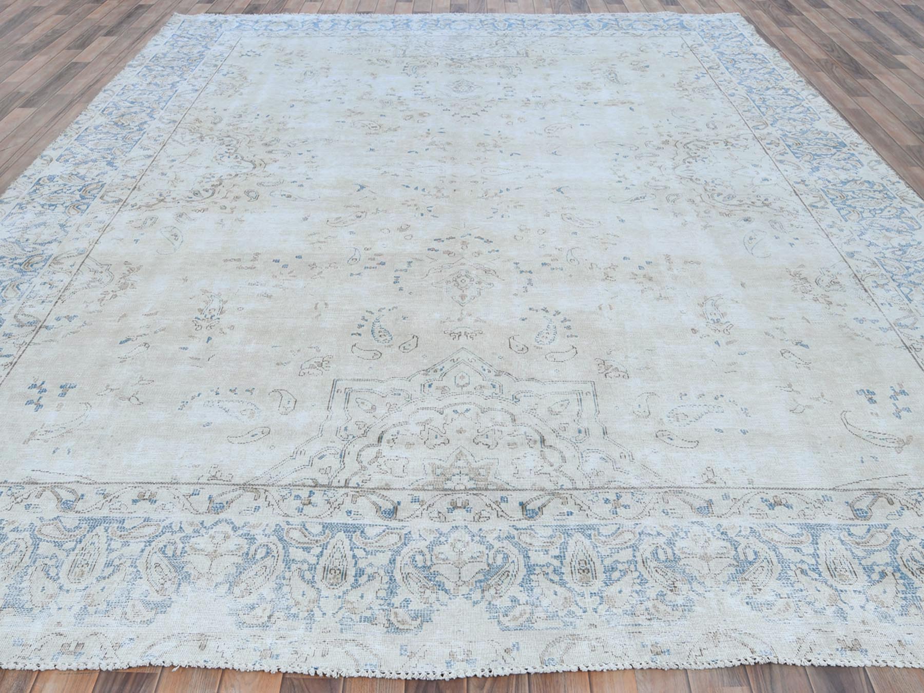 9'6"x12'6" Ivory Semi Antique Persian Kerman, Distressed Look, Hand Knotted Cropped Thin, Worn Wool Oriental Rug HR81259 - Image 2