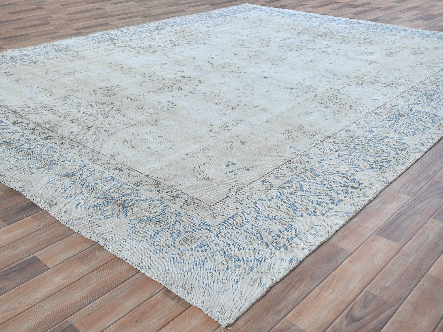 9'6"x12'6" Ivory Semi Antique Persian Kerman, Distressed Look, Hand Knotted Cropped Thin, Worn Wool Oriental Rug HR81259 - Image 3