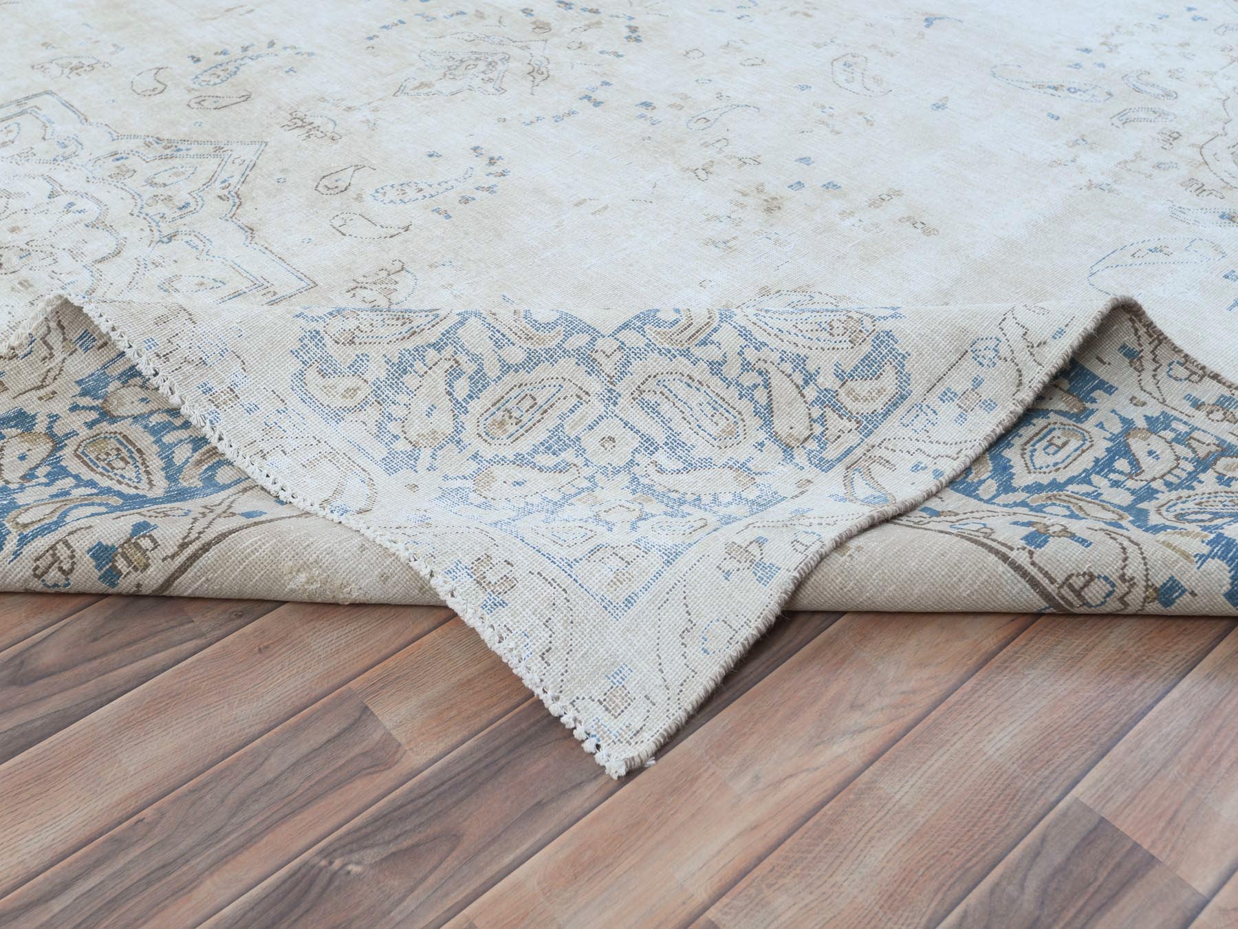 9'6"x12'6" Ivory Semi Antique Persian Kerman, Distressed Look, Hand Knotted Cropped Thin, Worn Wool Oriental Rug HR81259 - Image 6