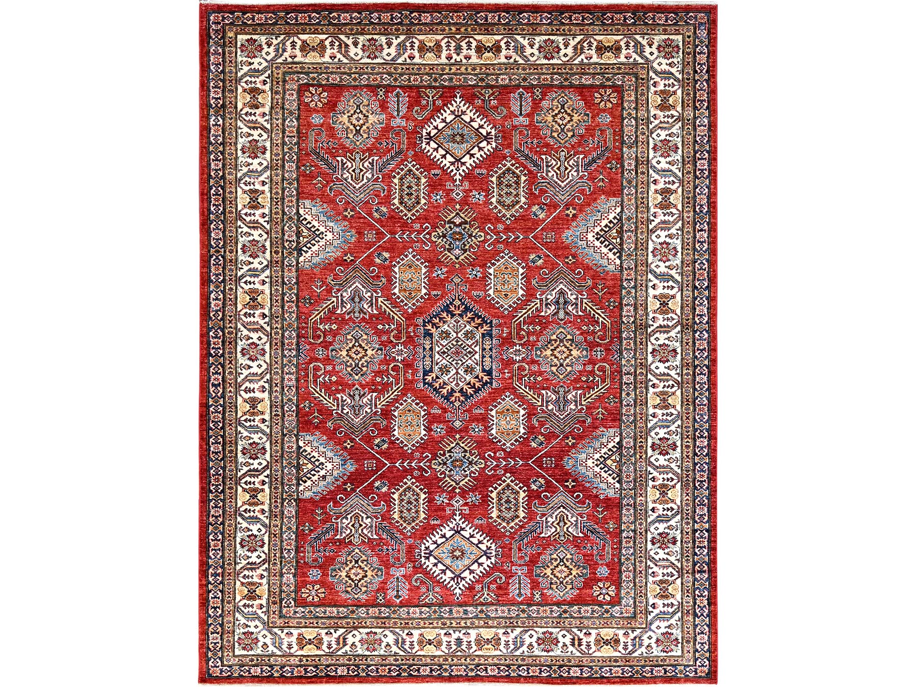 8'1"x10'6" Rich Red, Dense Weave, Vegetable Dyes, 100% Wool, Afghan Super Kazak with Geometric Elements, Hand Knotted, Oriental Rug HR85785