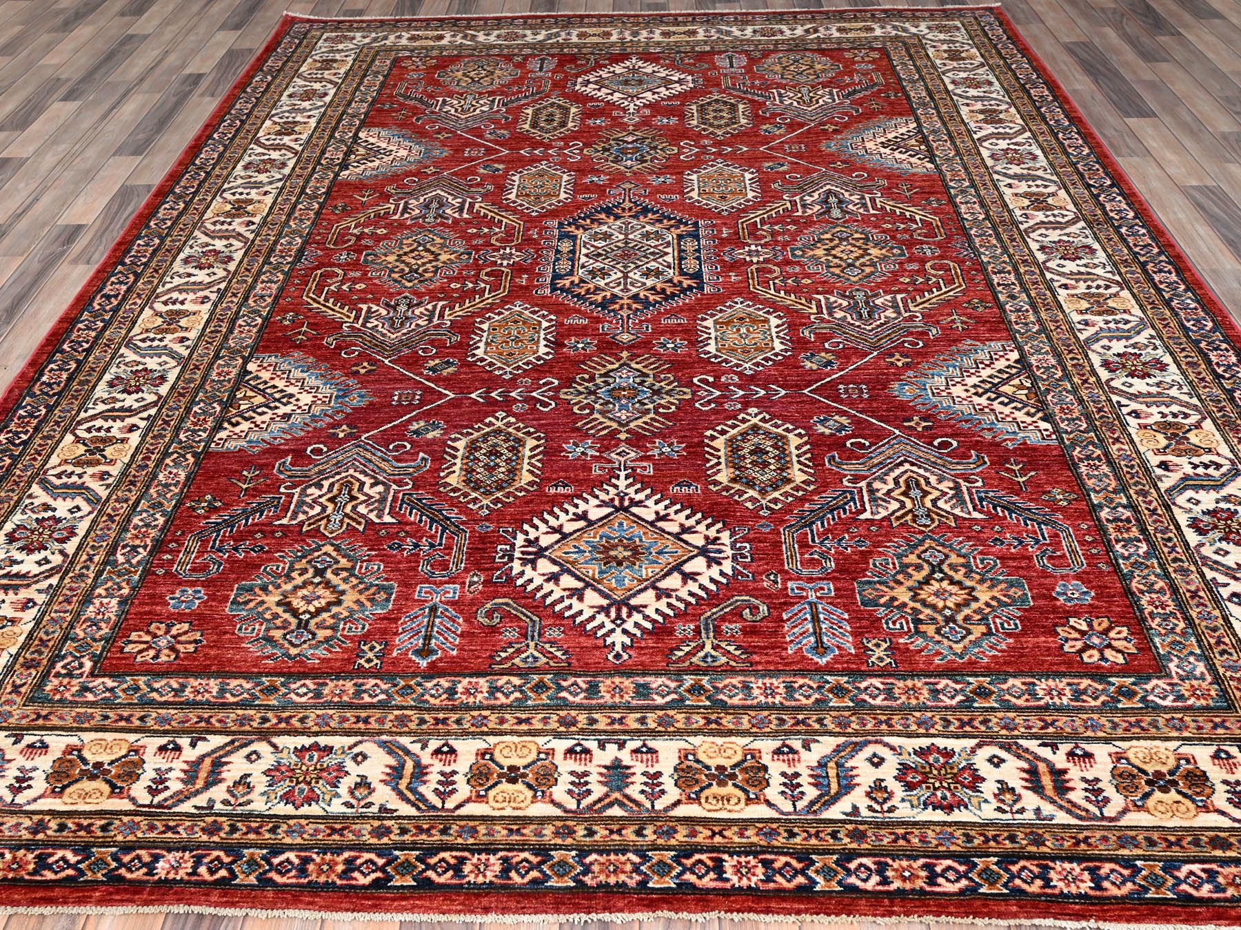 8'1"x10'6" Rich Red, Dense Weave, Vegetable Dyes, 100% Wool, Afghan Super Kazak with Geometric Elements, Hand Knotted, Oriental Rug HR85785 - Image 2