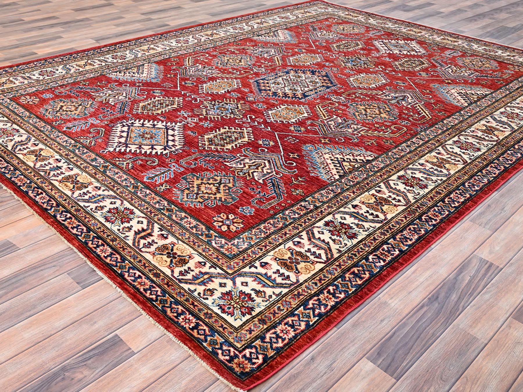 8'1"x10'6" Rich Red, Dense Weave, Vegetable Dyes, 100% Wool, Afghan Super Kazak with Geometric Elements, Hand Knotted, Oriental Rug HR85785 - Image 3