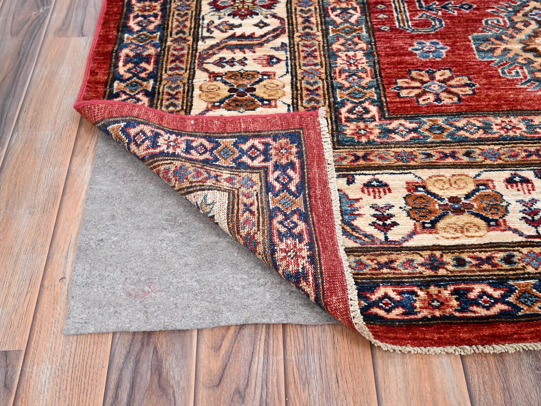 8'1"x10'6" Rich Red, Dense Weave, Vegetable Dyes, 100% Wool, Afghan Super Kazak with Geometric Elements, Hand Knotted, Oriental Rug HR85785 - Image 4