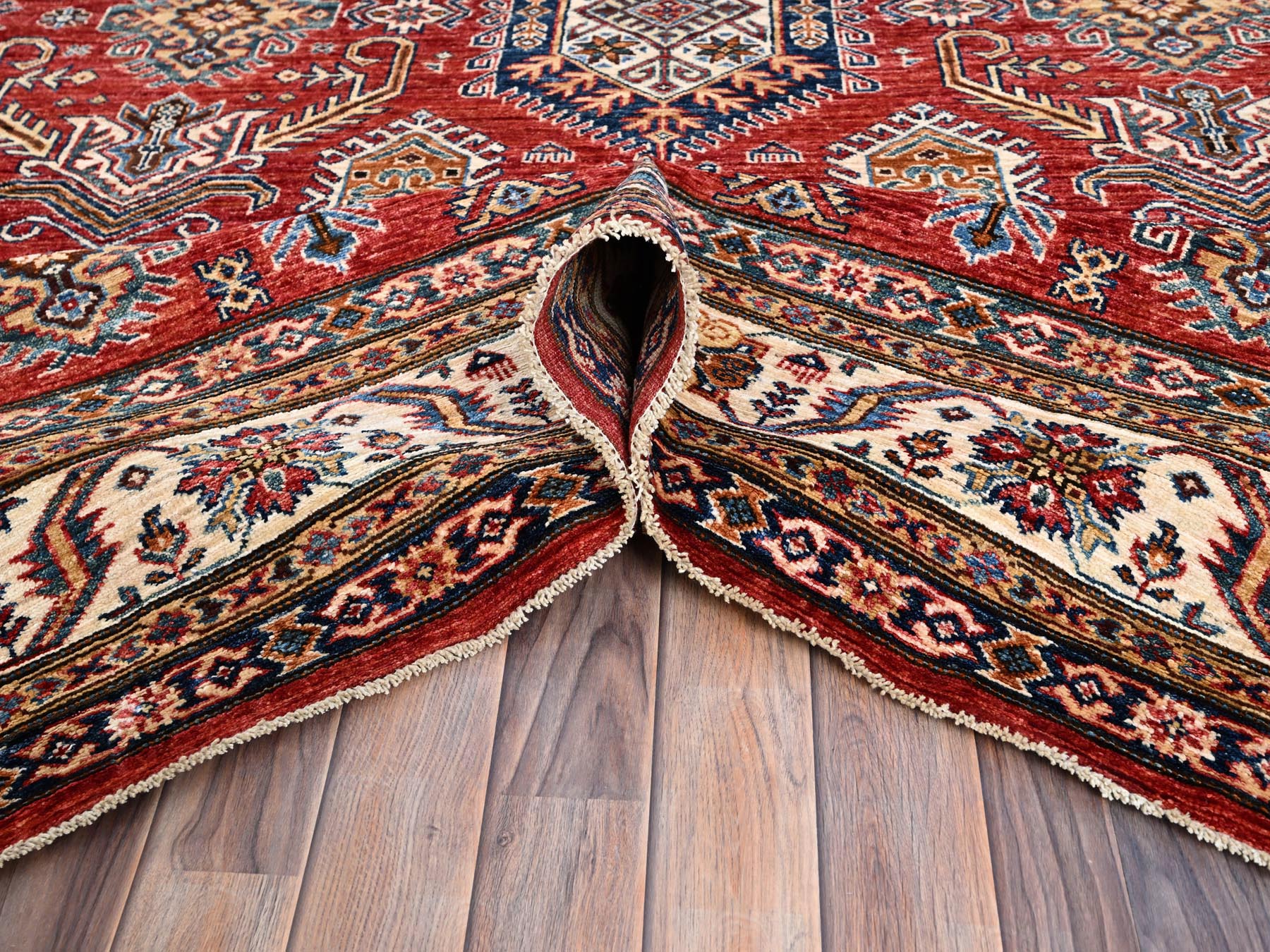 8'1"x10'6" Rich Red, Dense Weave, Vegetable Dyes, 100% Wool, Afghan Super Kazak with Geometric Elements, Hand Knotted, Oriental Rug HR85785 - Image 5