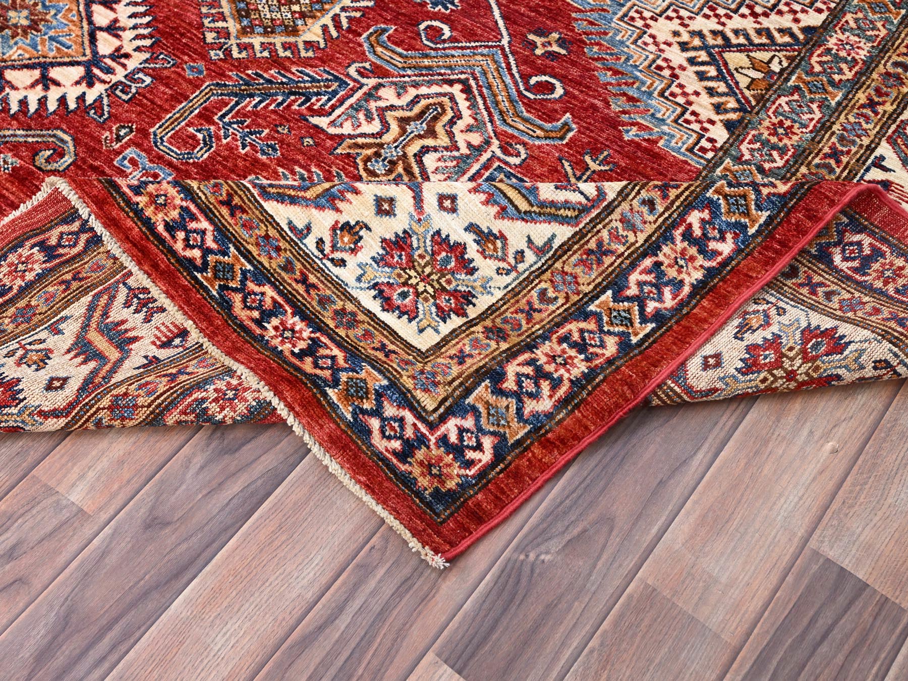8'1"x10'6" Rich Red, Dense Weave, Vegetable Dyes, 100% Wool, Afghan Super Kazak with Geometric Elements, Hand Knotted, Oriental Rug HR85785 - Image 6