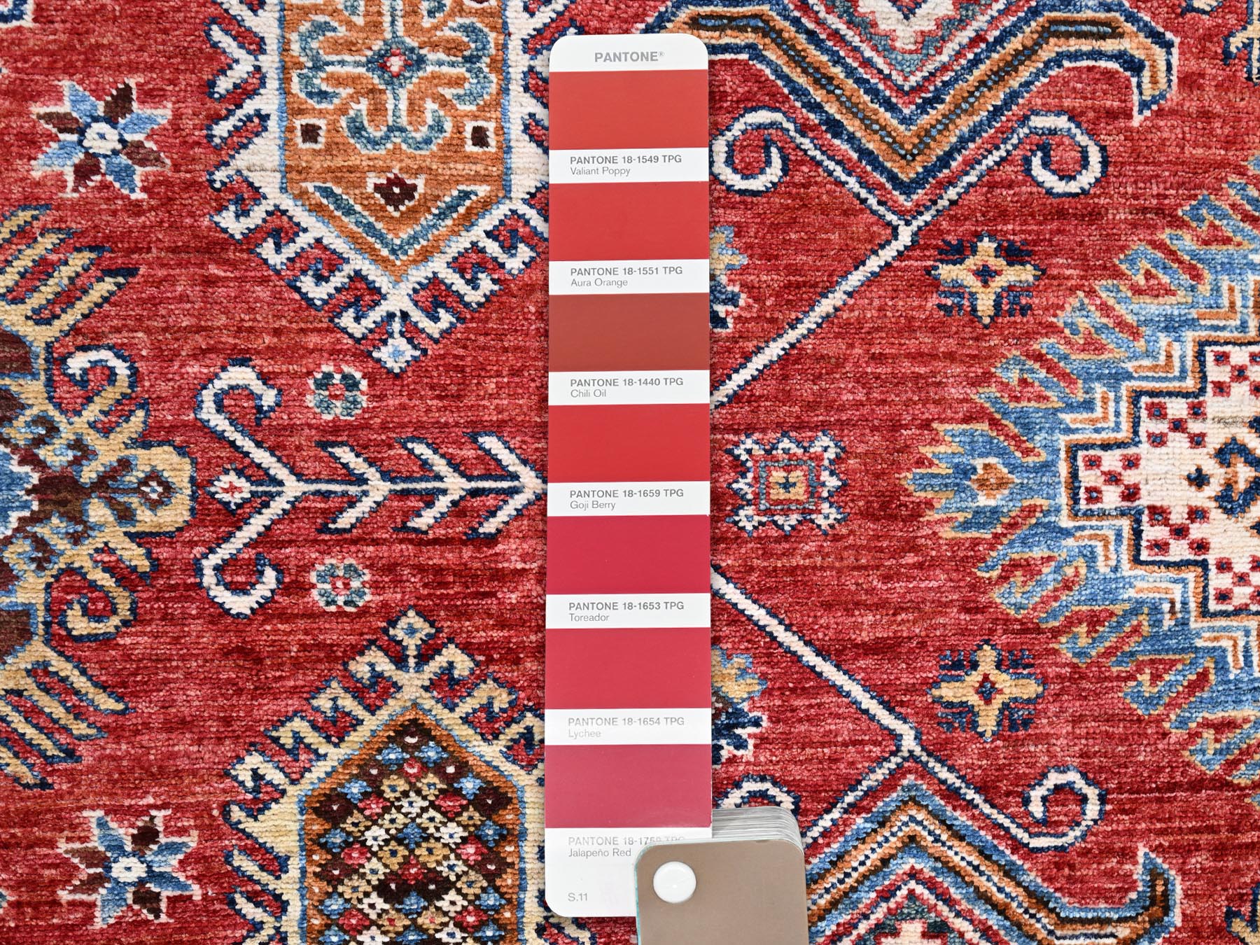 8'1"x10'6" Rich Red, Dense Weave, Vegetable Dyes, 100% Wool, Afghan Super Kazak with Geometric Elements, Hand Knotted, Oriental Rug HR85785 - Image 7