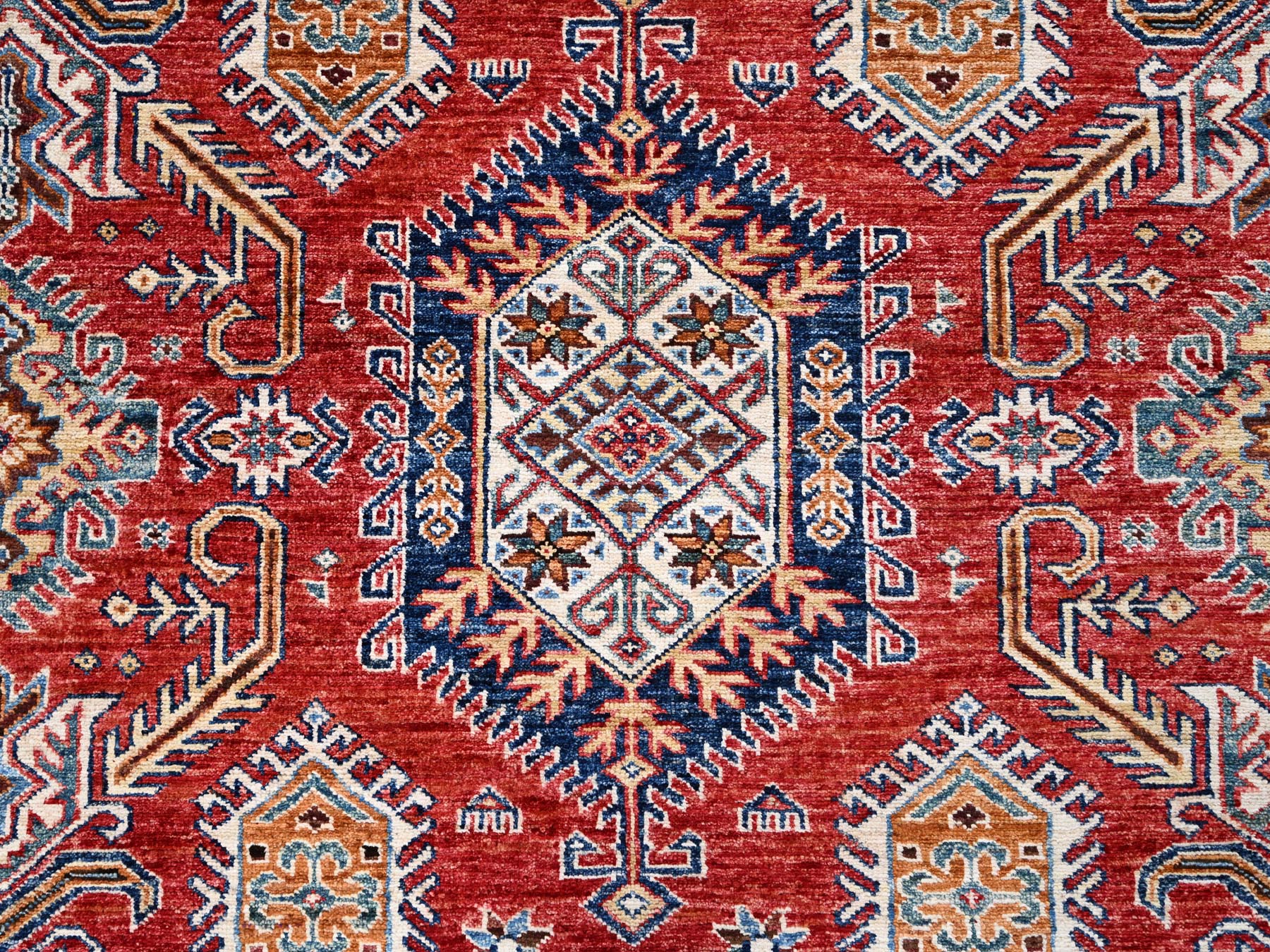 8'1"x10'6" Rich Red, Dense Weave, Vegetable Dyes, 100% Wool, Afghan Super Kazak with Geometric Elements, Hand Knotted, Oriental Rug HR85785 - Image 8