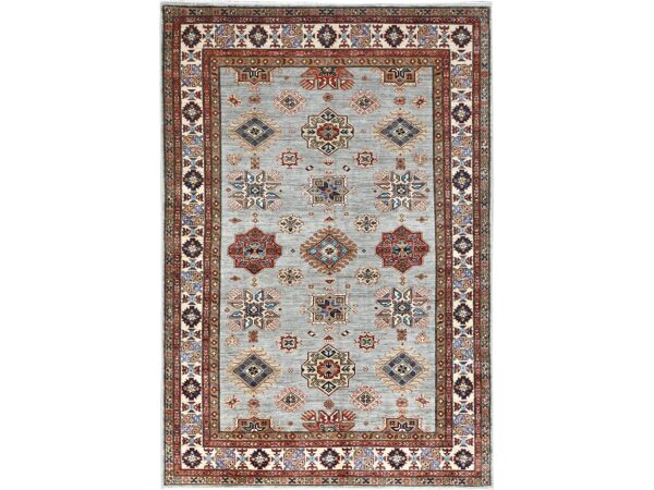 6'x8'9" Parma Gray, Cloud White Border, Denser Weave, Hand Knotted Natural Dyes Afghan Super Kazak, All Over Geometric Motifs All Wool Oriental Rug HR86565
