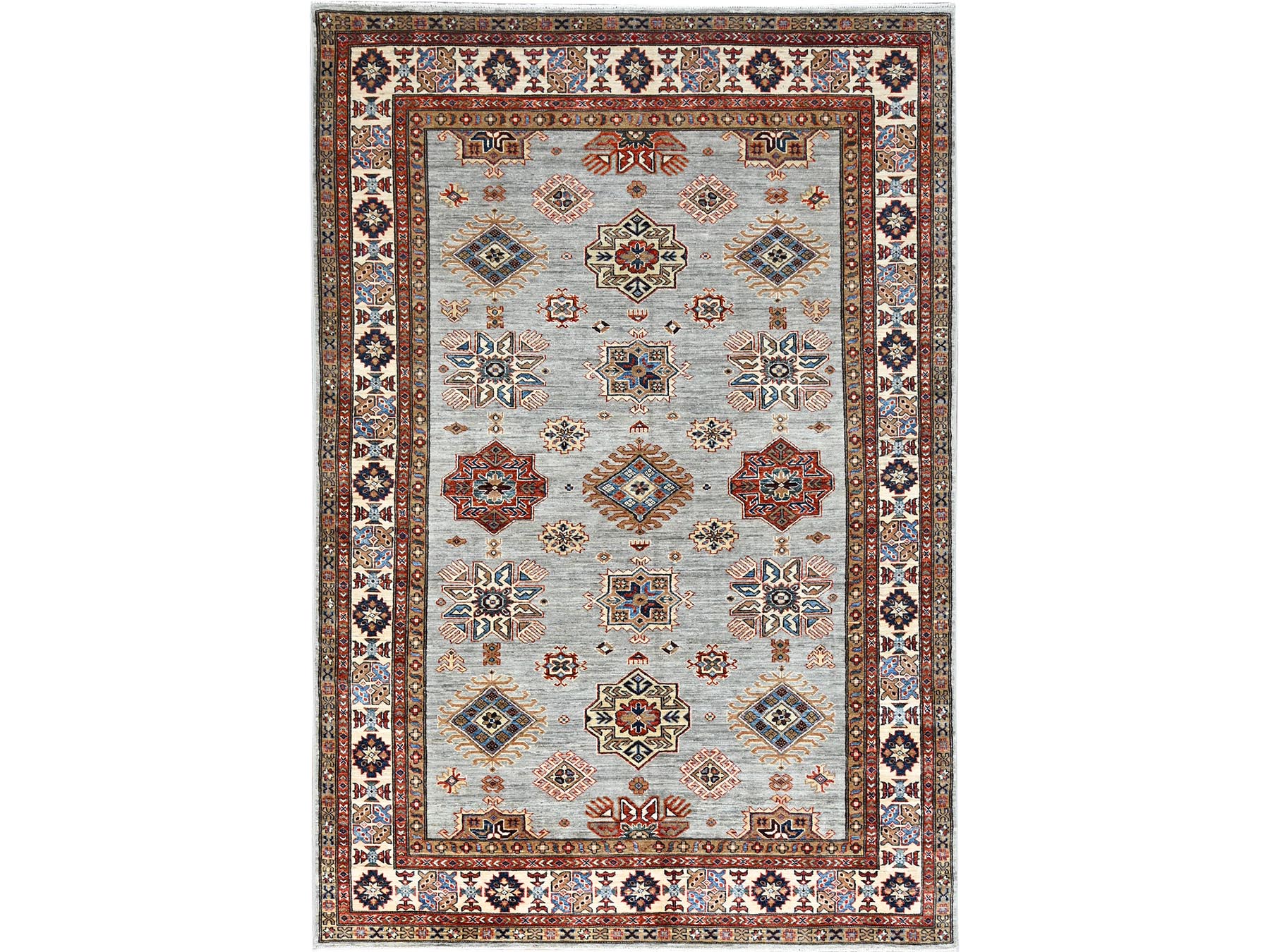 6'x8'9" Parma Gray, Cloud White Border, Denser Weave, Hand Knotted Natural Dyes Afghan Super Kazak, All Over Geometric Motifs All Wool Oriental Rug HR86565