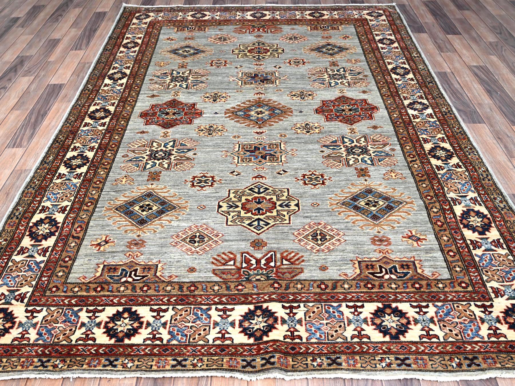 6'x8'9" Parma Gray, Cloud White Border, Denser Weave, Hand Knotted Natural Dyes Afghan Super Kazak, All Over Geometric Motifs All Wool Oriental Rug HR86565 - Image 2