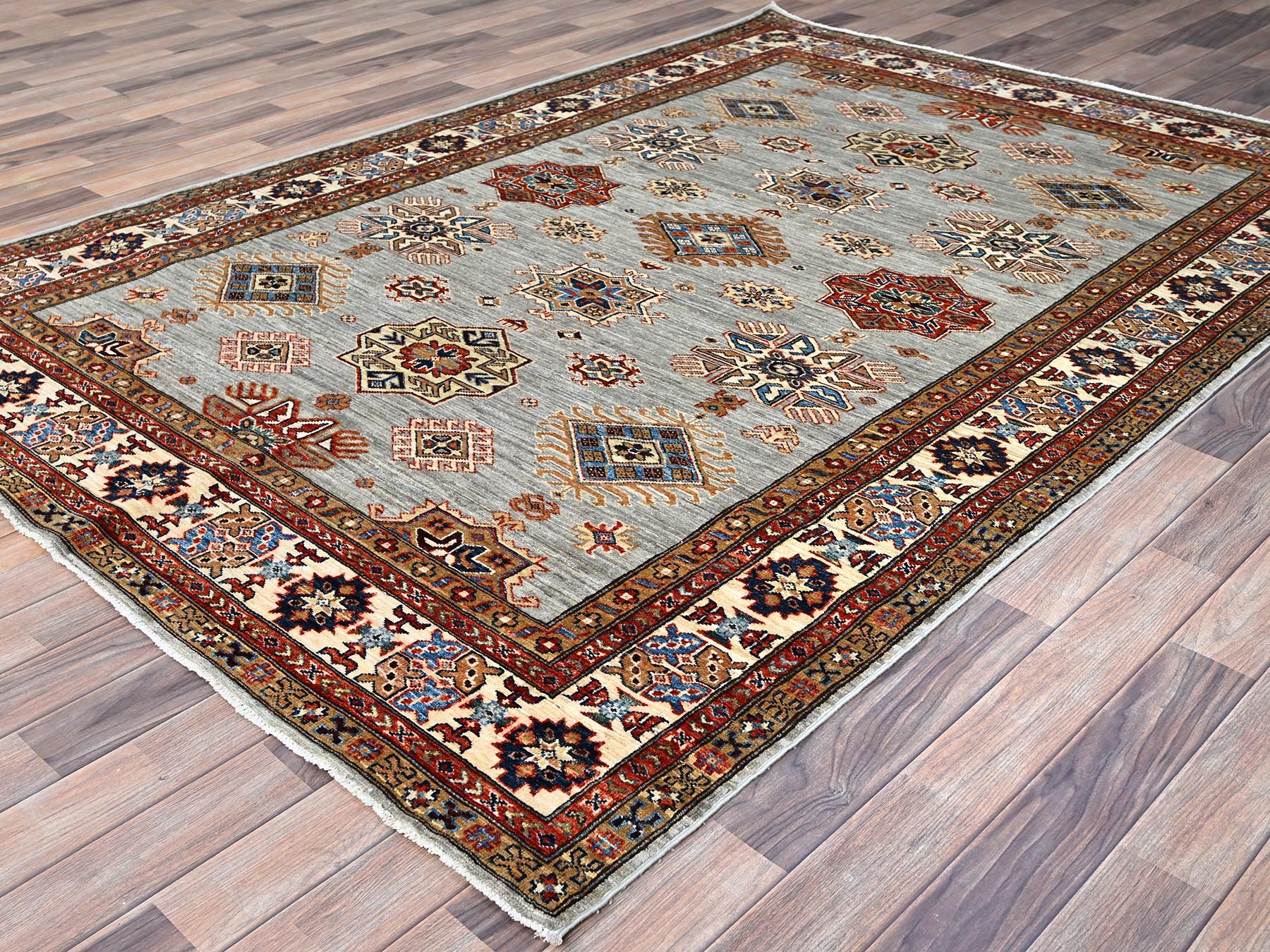 6'x8'9" Parma Gray, Cloud White Border, Denser Weave, Hand Knotted Natural Dyes Afghan Super Kazak, All Over Geometric Motifs All Wool Oriental Rug HR86565 - Image 3