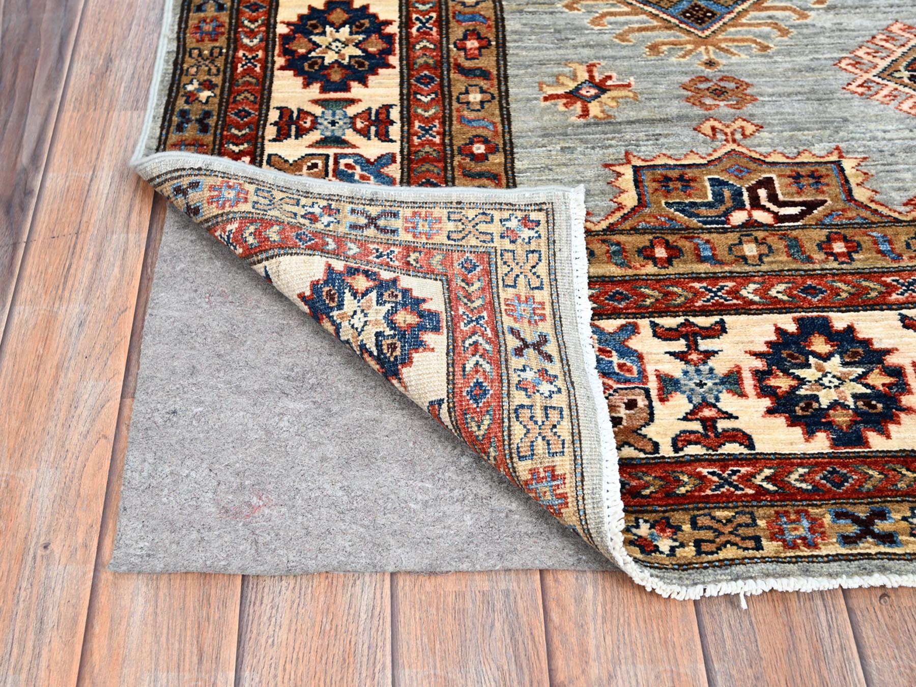 6'x8'9" Parma Gray, Cloud White Border, Denser Weave, Hand Knotted Natural Dyes Afghan Super Kazak, All Over Geometric Motifs All Wool Oriental Rug HR86565 - Image 4