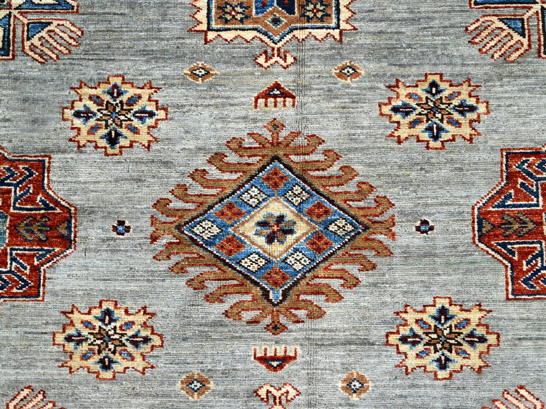 6'x8'9" Parma Gray, Cloud White Border, Denser Weave, Hand Knotted Natural Dyes Afghan Super Kazak, All Over Geometric Motifs All Wool Oriental Rug HR86565 - Image 8