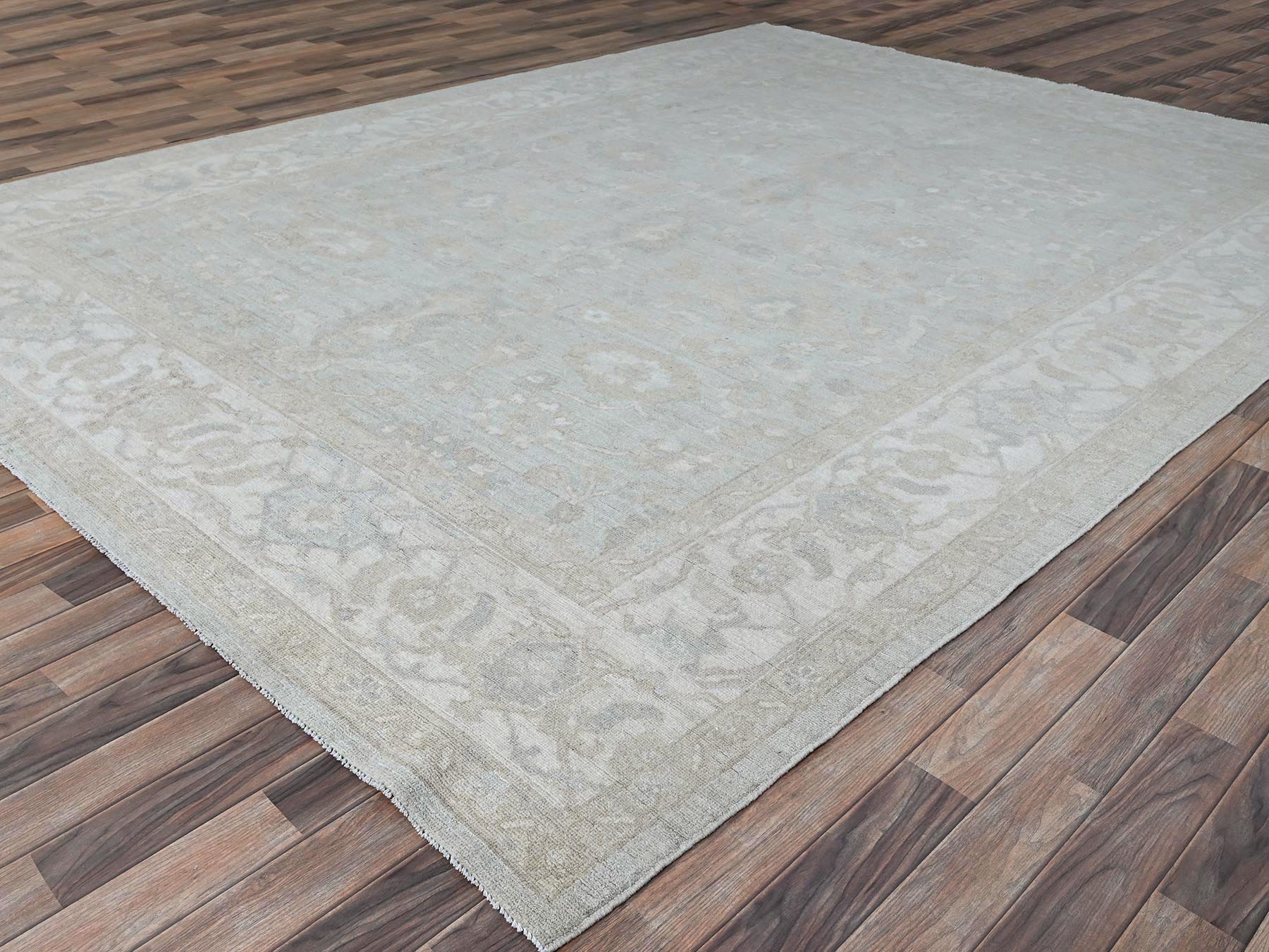 9'1"x12' Sterling Gray, Extra Soft Wool, White Wash Peshawar, Soft To The Touch, Hand Knotted, Geometric Design, Oriental Rug HR86705 - Image 3