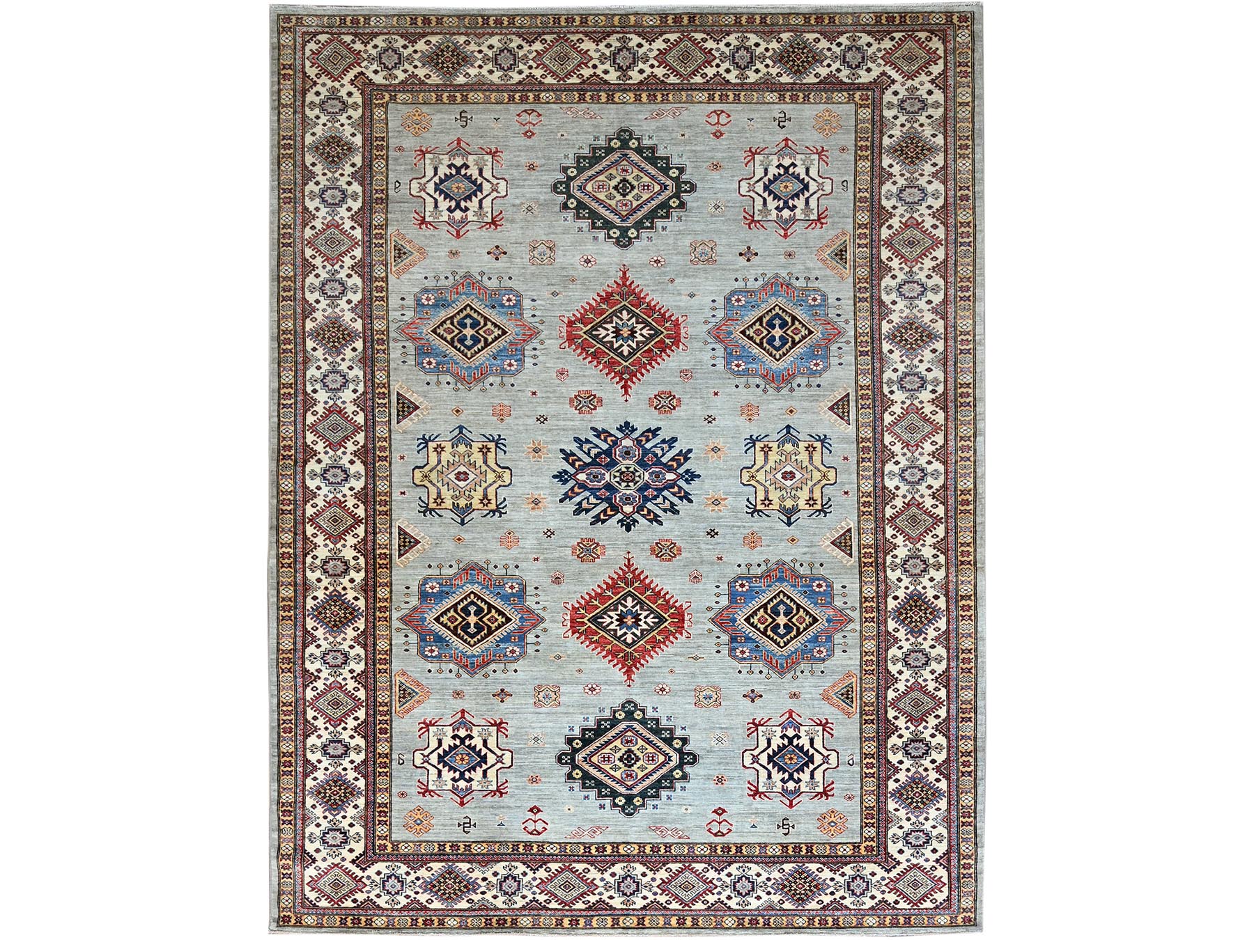 9'x11'9" Tempered Gray, Afghan Super Kazak with Geometric Medallions Design, Natural Dyes, Denser Weave, Velvety Wool, Hand Knotted, Oriental Rug HR86713
