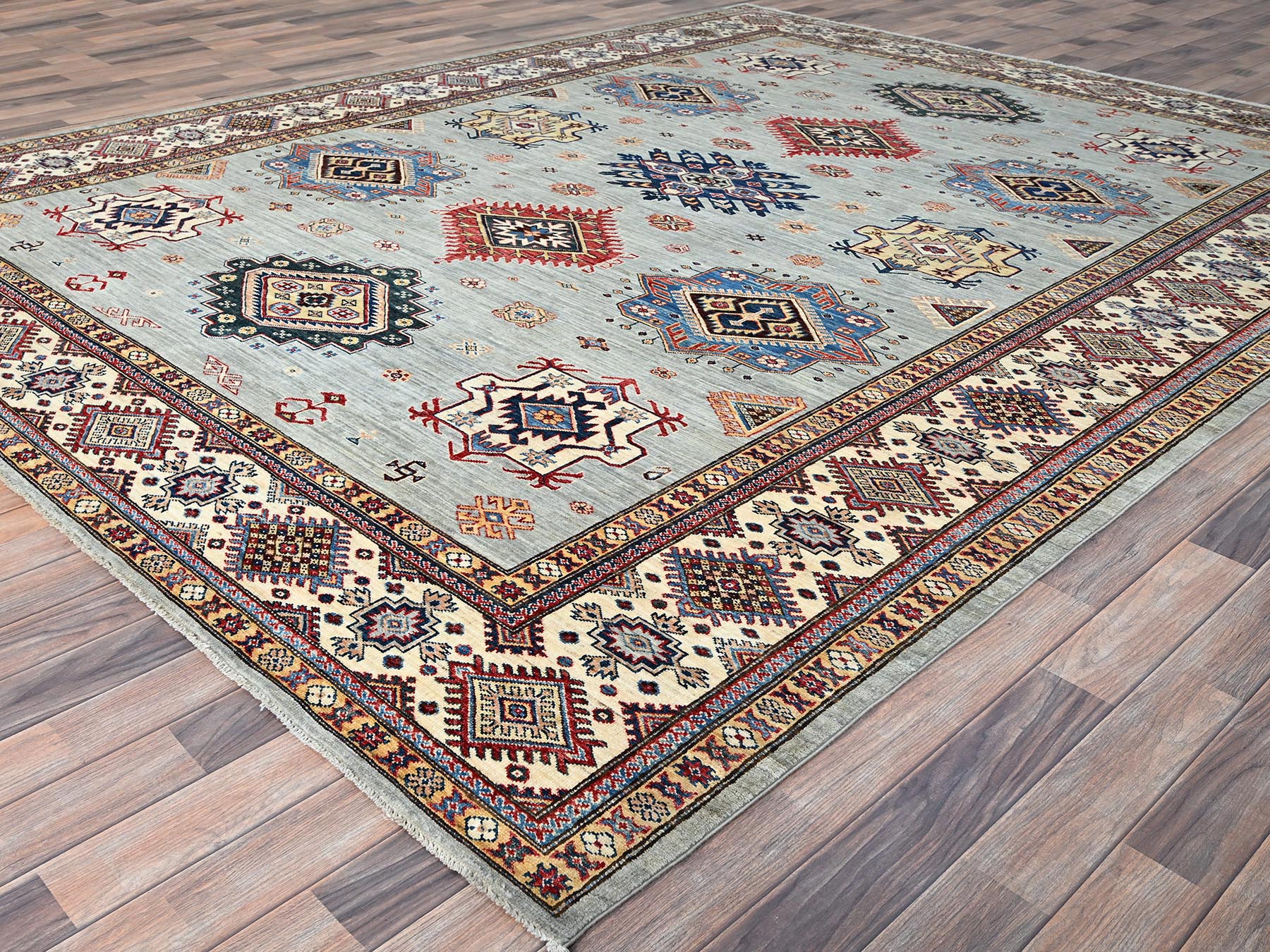 9'x11'9" Tempered Gray, Afghan Super Kazak with Geometric Medallions Design, Natural Dyes, Denser Weave, Velvety Wool, Hand Knotted, Oriental Rug HR86713 - Image 3
