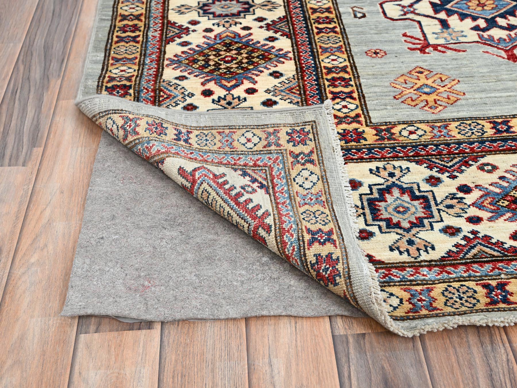 9'x11'9" Tempered Gray, Afghan Super Kazak with Geometric Medallions Design, Natural Dyes, Denser Weave, Velvety Wool, Hand Knotted, Oriental Rug HR86713 - Image 4