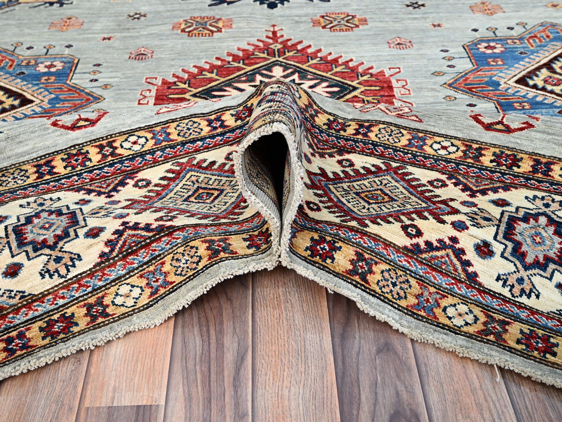 9'x11'9" Tempered Gray, Afghan Super Kazak with Geometric Medallions Design, Natural Dyes, Denser Weave, Velvety Wool, Hand Knotted, Oriental Rug HR86713 - Image 5