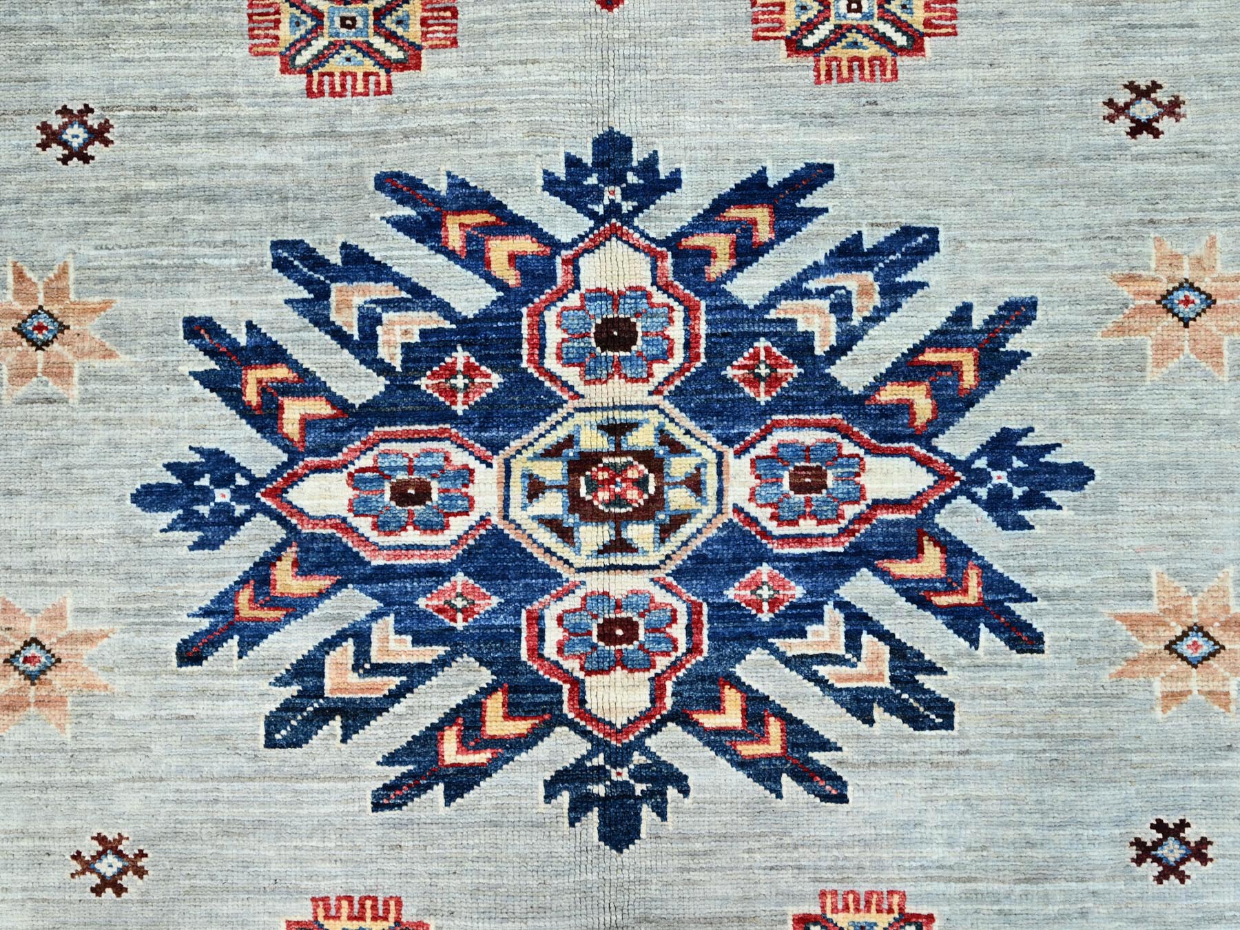 9'x11'9" Tempered Gray, Afghan Super Kazak with Geometric Medallions Design, Natural Dyes, Denser Weave, Velvety Wool, Hand Knotted, Oriental Rug HR86713 - Image 8