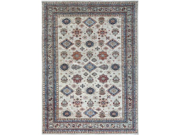 10'x13'8" Wickham Gray, Afghan Super Kazak with Geometric Medallions Design, Hand Knotted, Pure Wool, Denser Weave, Oriental Rug HR86886