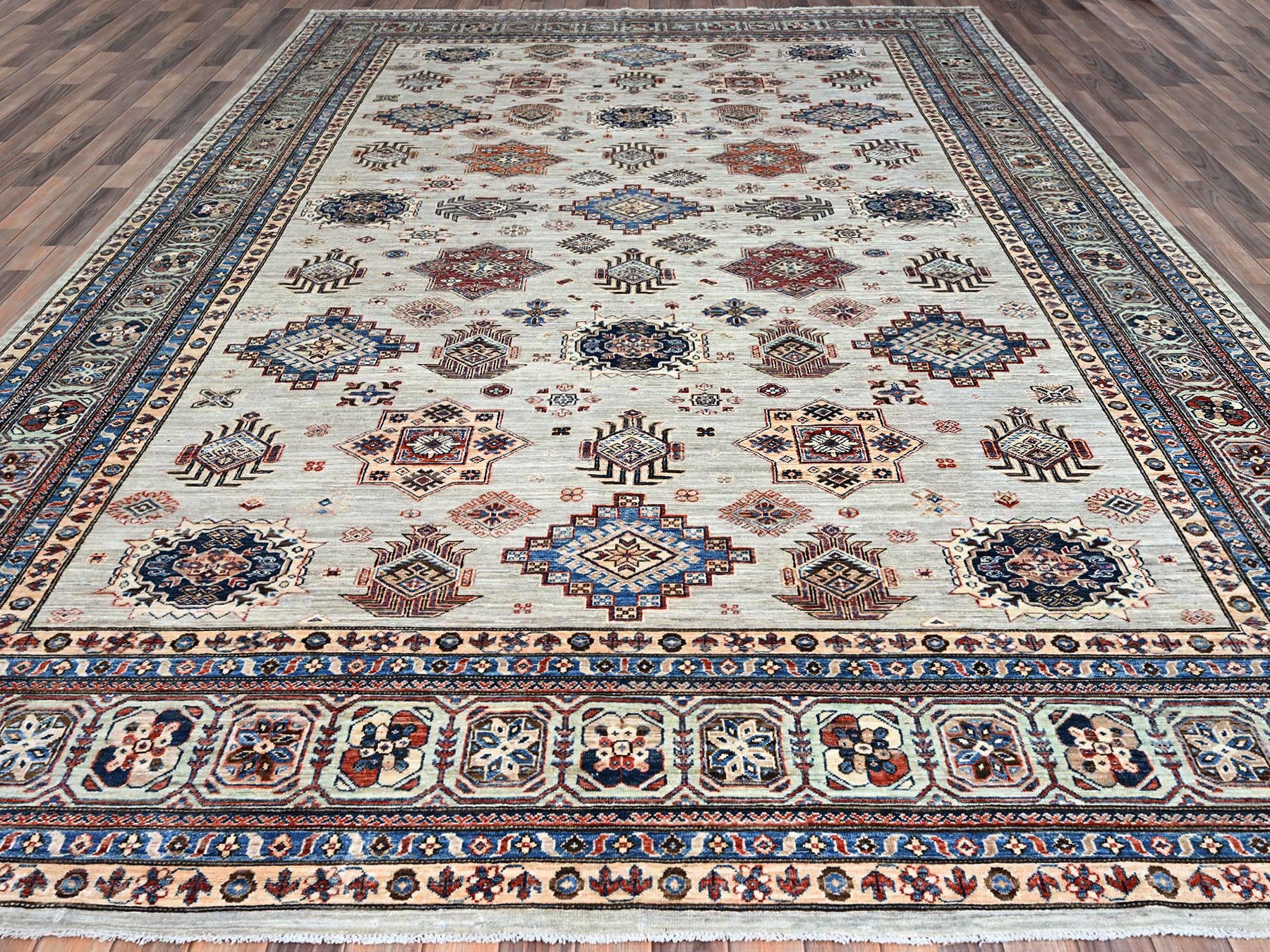 10'x13'8" Wickham Gray, Afghan Super Kazak with Geometric Medallions Design, Hand Knotted, Pure Wool, Denser Weave, Oriental Rug HR86886 - Image 3