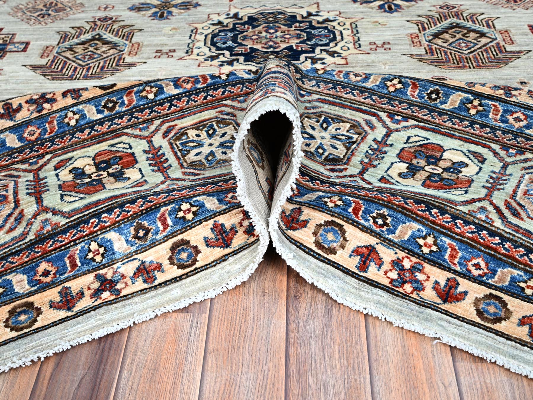 10'x13'8" Wickham Gray, Afghan Super Kazak with Geometric Medallions Design, Hand Knotted, Pure Wool, Denser Weave, Oriental Rug HR86886 - Image 6