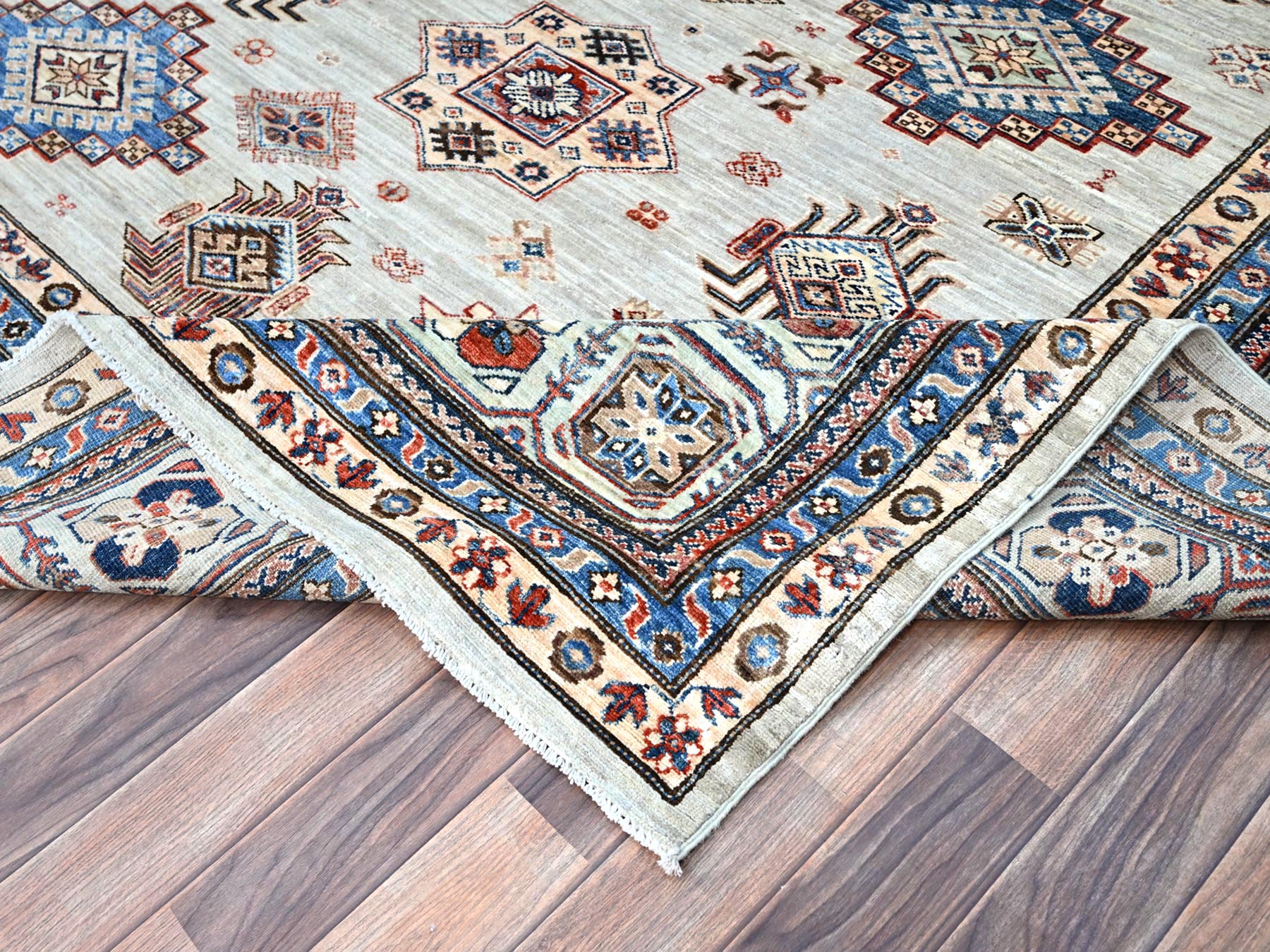 10'x13'8" Wickham Gray, Afghan Super Kazak with Geometric Medallions Design, Hand Knotted, Pure Wool, Denser Weave, Oriental Rug HR86886 - Image 7