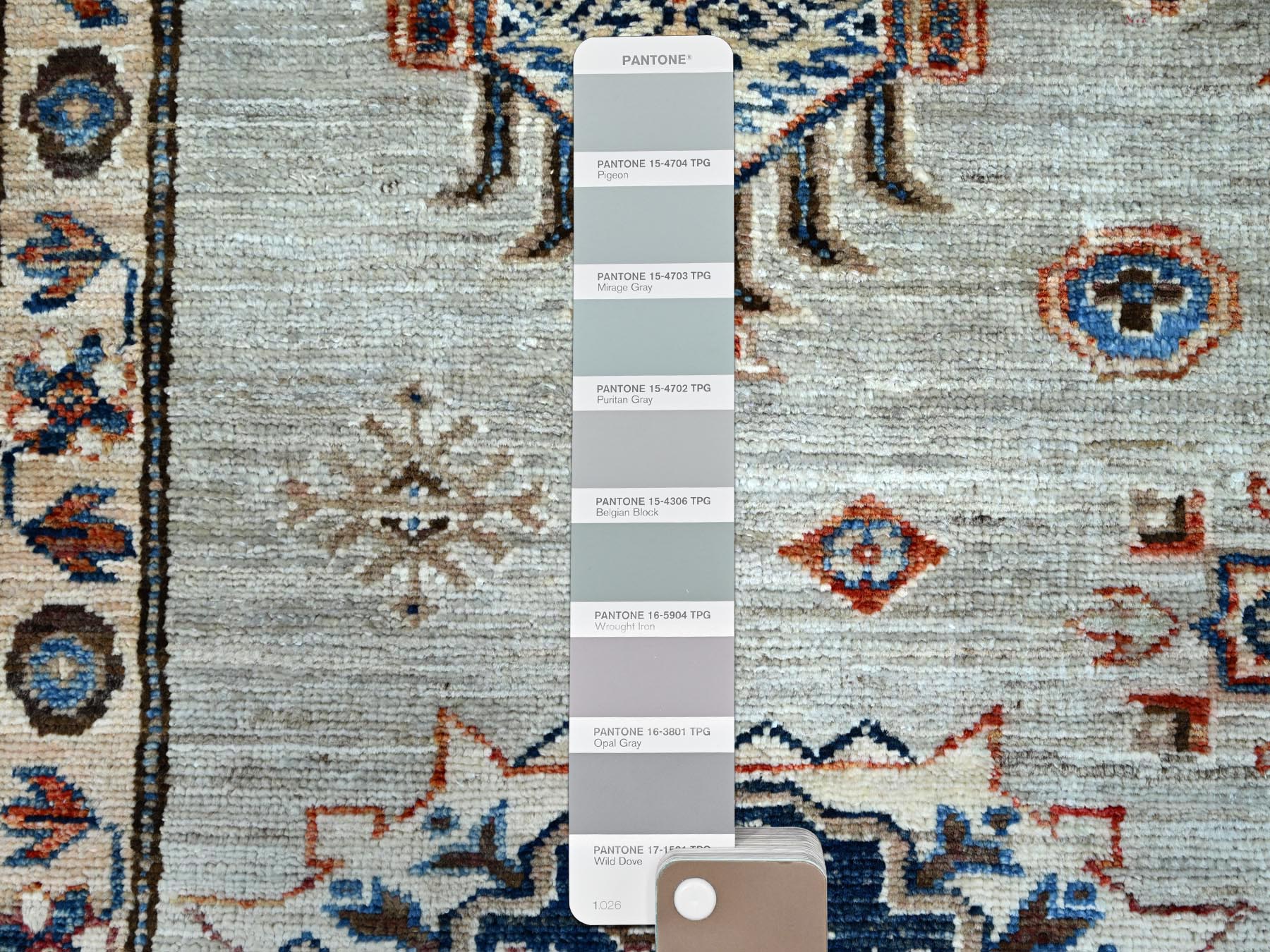 10'x13'8" Wickham Gray, Afghan Super Kazak with Geometric Medallions Design, Hand Knotted, Pure Wool, Denser Weave, Oriental Rug HR86886 - Image 8