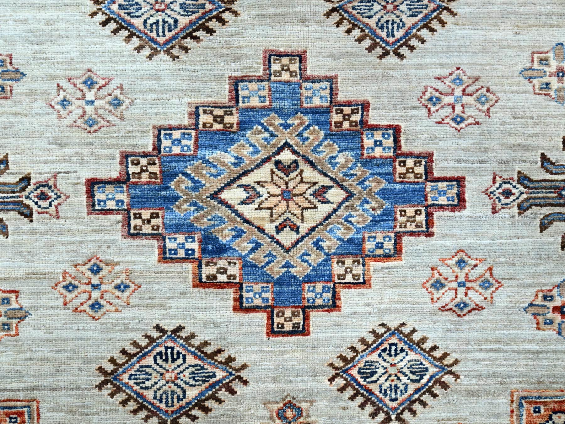 10'x13'8" Wickham Gray, Afghan Super Kazak with Geometric Medallions Design, Hand Knotted, Pure Wool, Denser Weave, Oriental Rug HR86886 - Image 9
