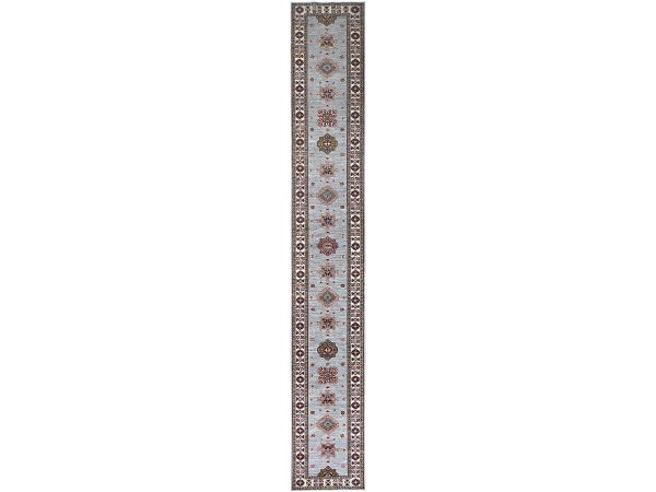 2'9"x18'2" Jubilee Gray and Cosmic Latte White, Vegetable Dyes, Denser Weave Organic Wool, Hand Knotted Afghan Super Kazak with Tribal Geometric Medallions, XL Runner Oriental Rug HR86916