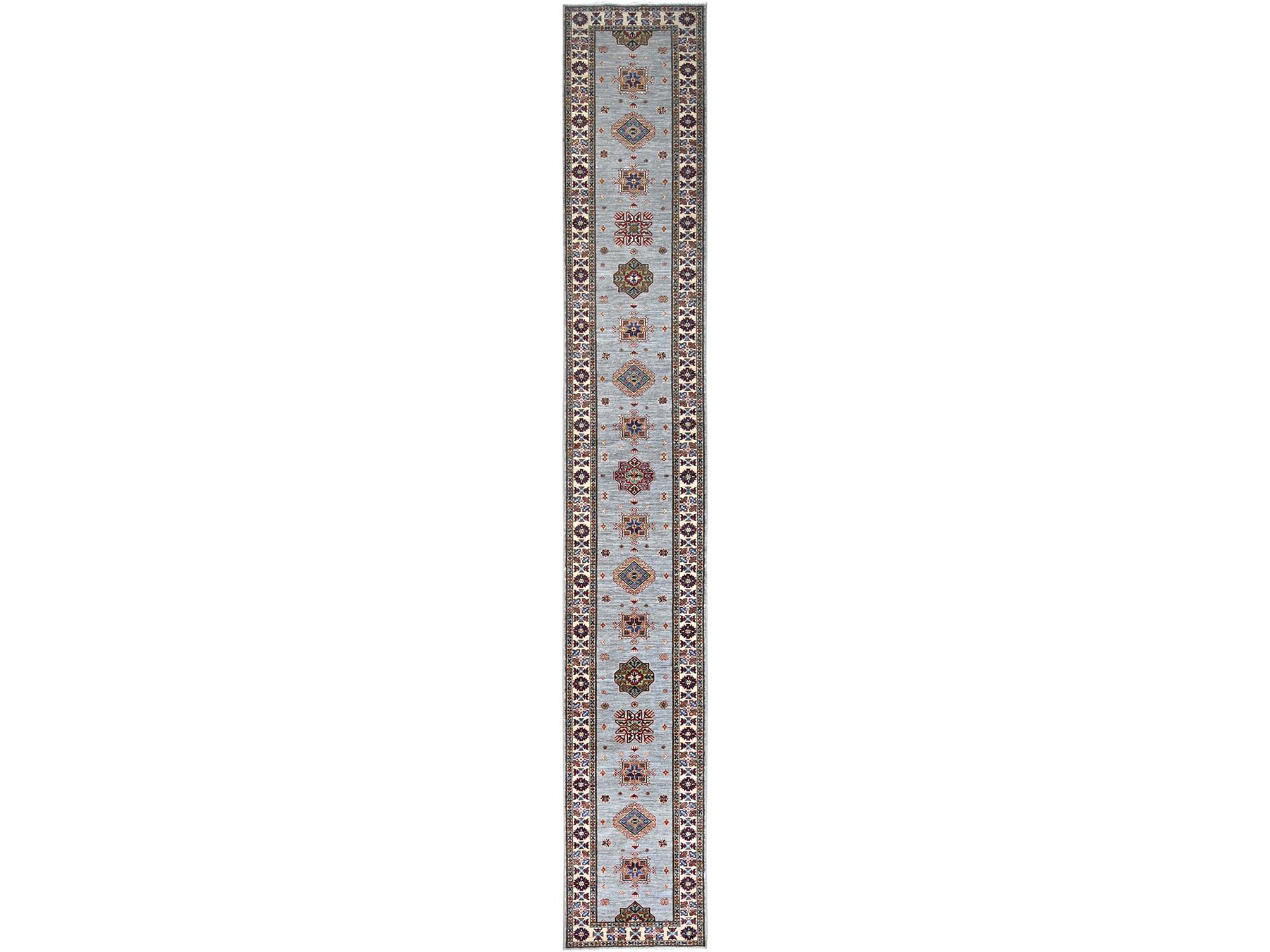 2'9"x18'2" Jubilee Gray and Cosmic Latte White, Vegetable Dyes, Denser Weave Organic Wool, Hand Knotted Afghan Super Kazak with Tribal Geometric Medallions, XL Runner Oriental Rug HR86916