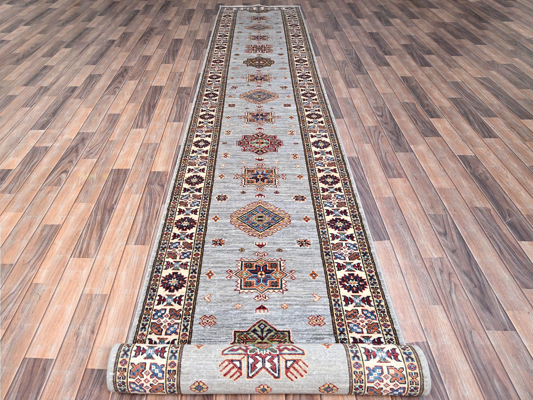 2'9"x18'2" Jubilee Gray and Cosmic Latte White, Vegetable Dyes, Denser Weave Organic Wool, Hand Knotted Afghan Super Kazak with Tribal Geometric Medallions, XL Runner Oriental Rug HR86916 - Image 2