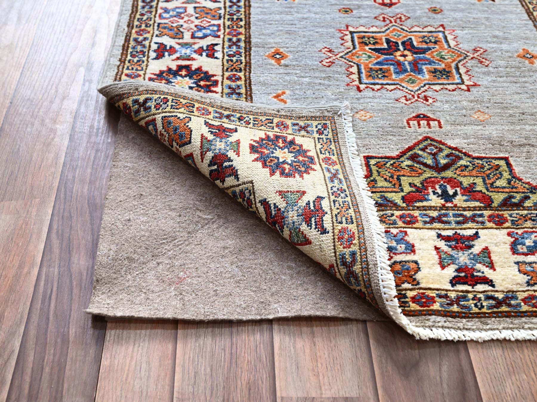 2'9"x18'2" Jubilee Gray and Cosmic Latte White, Vegetable Dyes, Denser Weave Organic Wool, Hand Knotted Afghan Super Kazak with Tribal Geometric Medallions, XL Runner Oriental Rug HR86916 - Image 3