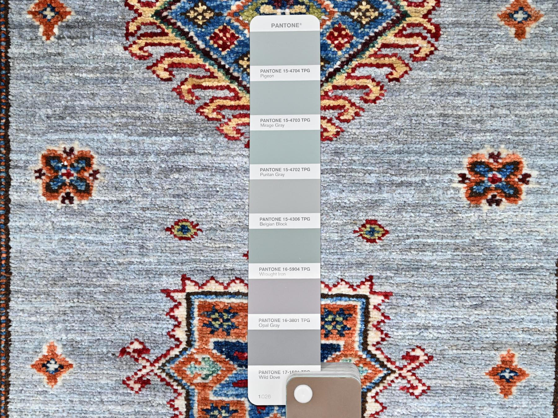 2'9"x18'2" Jubilee Gray and Cosmic Latte White, Vegetable Dyes, Denser Weave Organic Wool, Hand Knotted Afghan Super Kazak with Tribal Geometric Medallions, XL Runner Oriental Rug HR86916 - Image 4