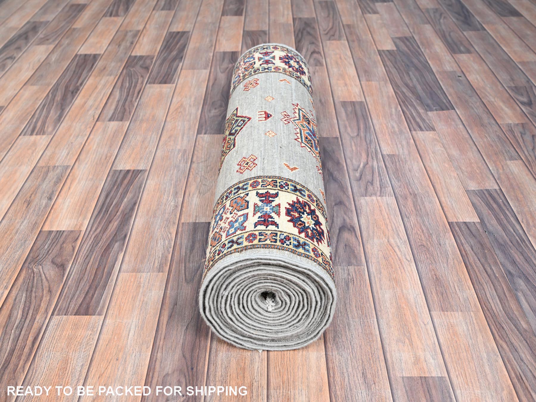 2'9"x18'2" Jubilee Gray and Cosmic Latte White, Vegetable Dyes, Denser Weave Organic Wool, Hand Knotted Afghan Super Kazak with Tribal Geometric Medallions, XL Runner Oriental Rug HR86916 - Image 5