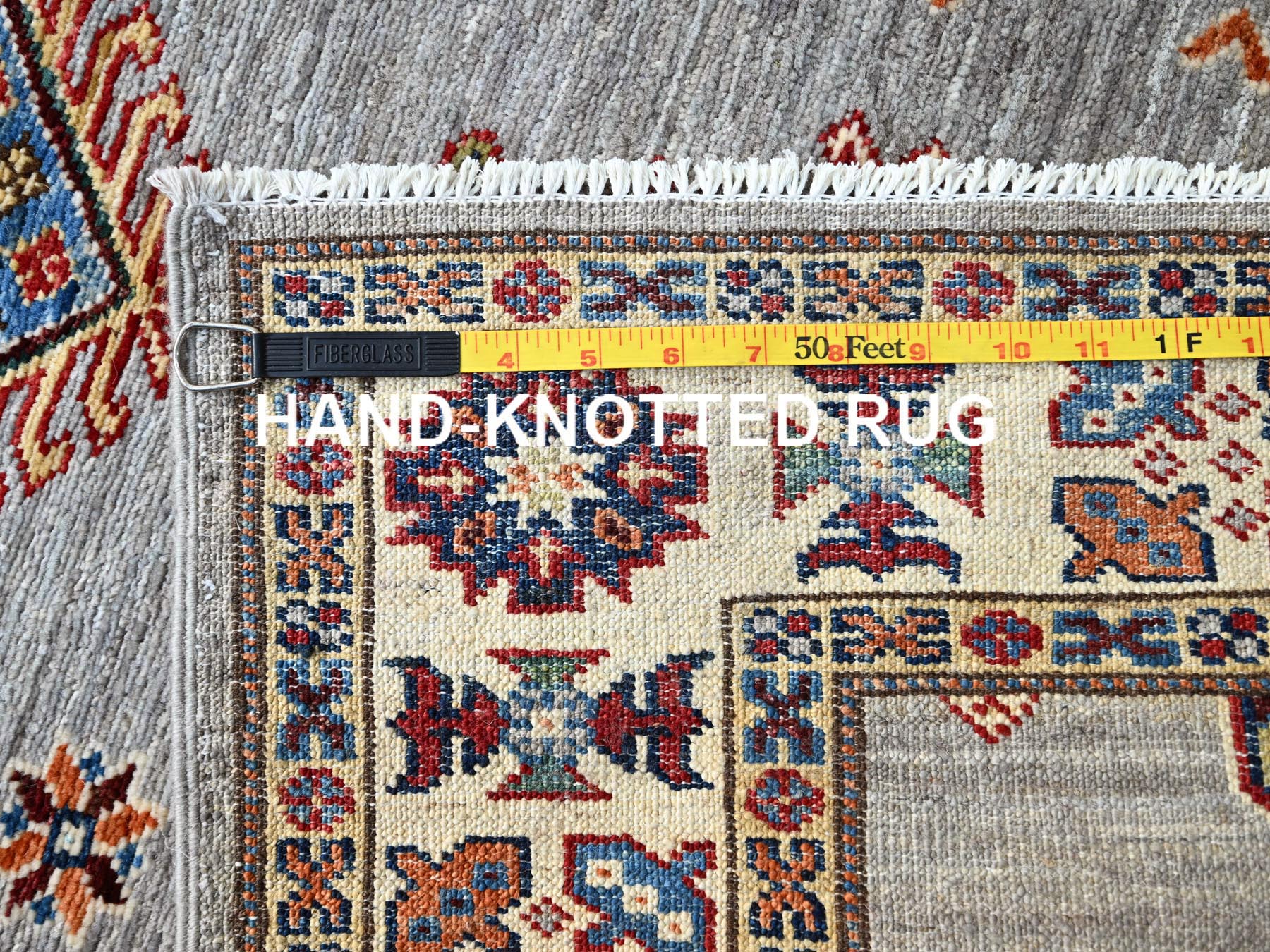 2'9"x18'2" Jubilee Gray and Cosmic Latte White, Vegetable Dyes, Denser Weave Organic Wool, Hand Knotted Afghan Super Kazak with Tribal Geometric Medallions, XL Runner Oriental Rug HR86916 - Image 7