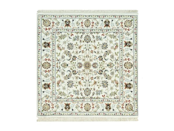 4'x4' Weathered White, 250 KPSI Nain All Over Flower Design, Hand Knotted, All Wool, Square Oriental Rug HR90508