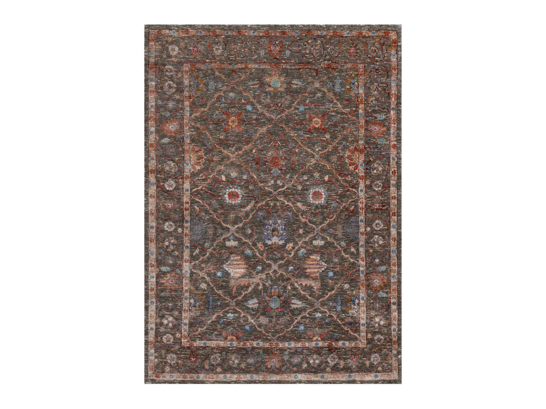 5'x7' Cedar Brown, Persian Scrolls Leaf and Flower Design, Striae Pattern, Hand Knotted, Textured Wool and Silk, Oriental Rug HR91133