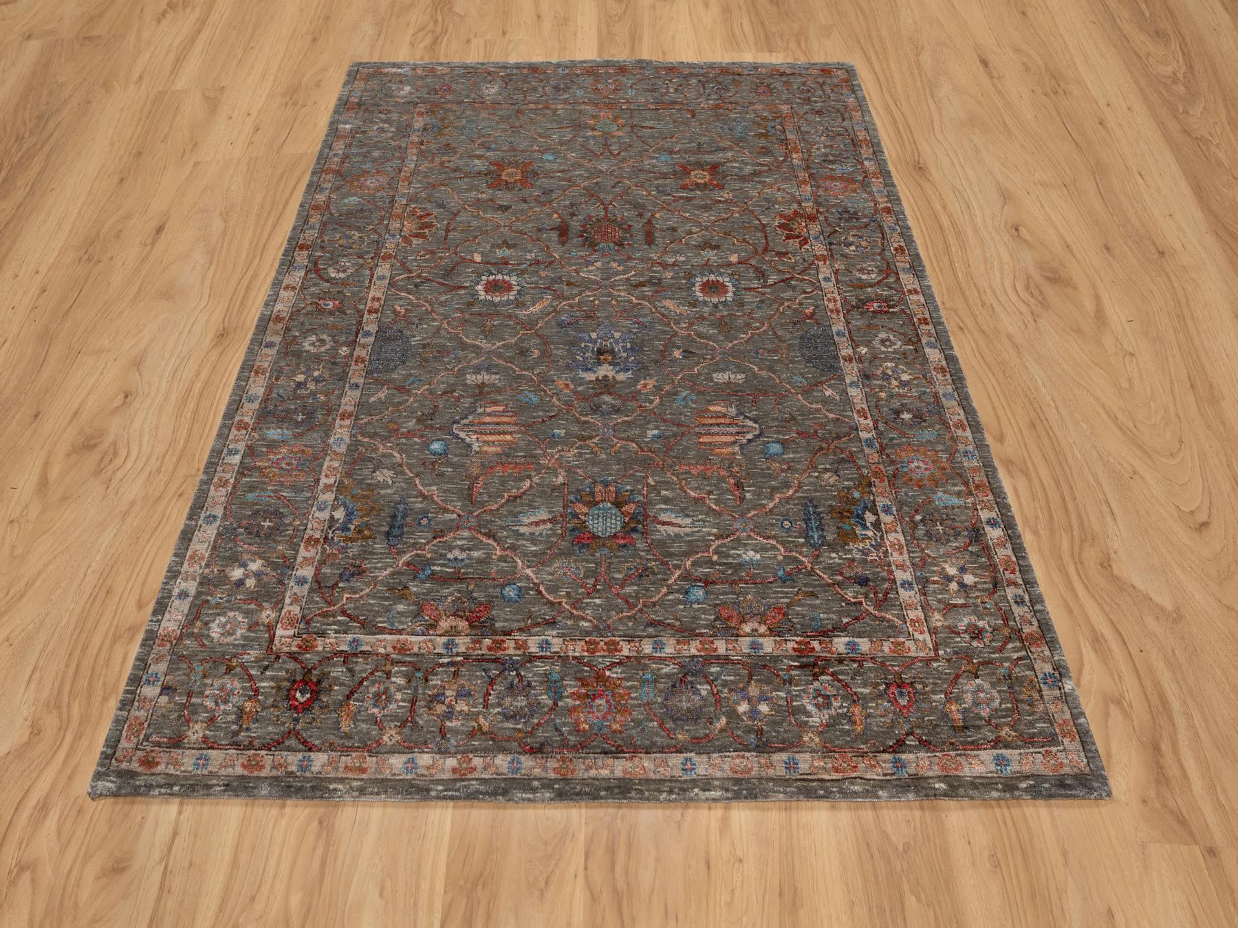 5'x7' Cedar Brown, Persian Scrolls Leaf and Flower Design, Striae Pattern, Hand Knotted, Textured Wool and Silk, Oriental Rug HR91133 - Image 2