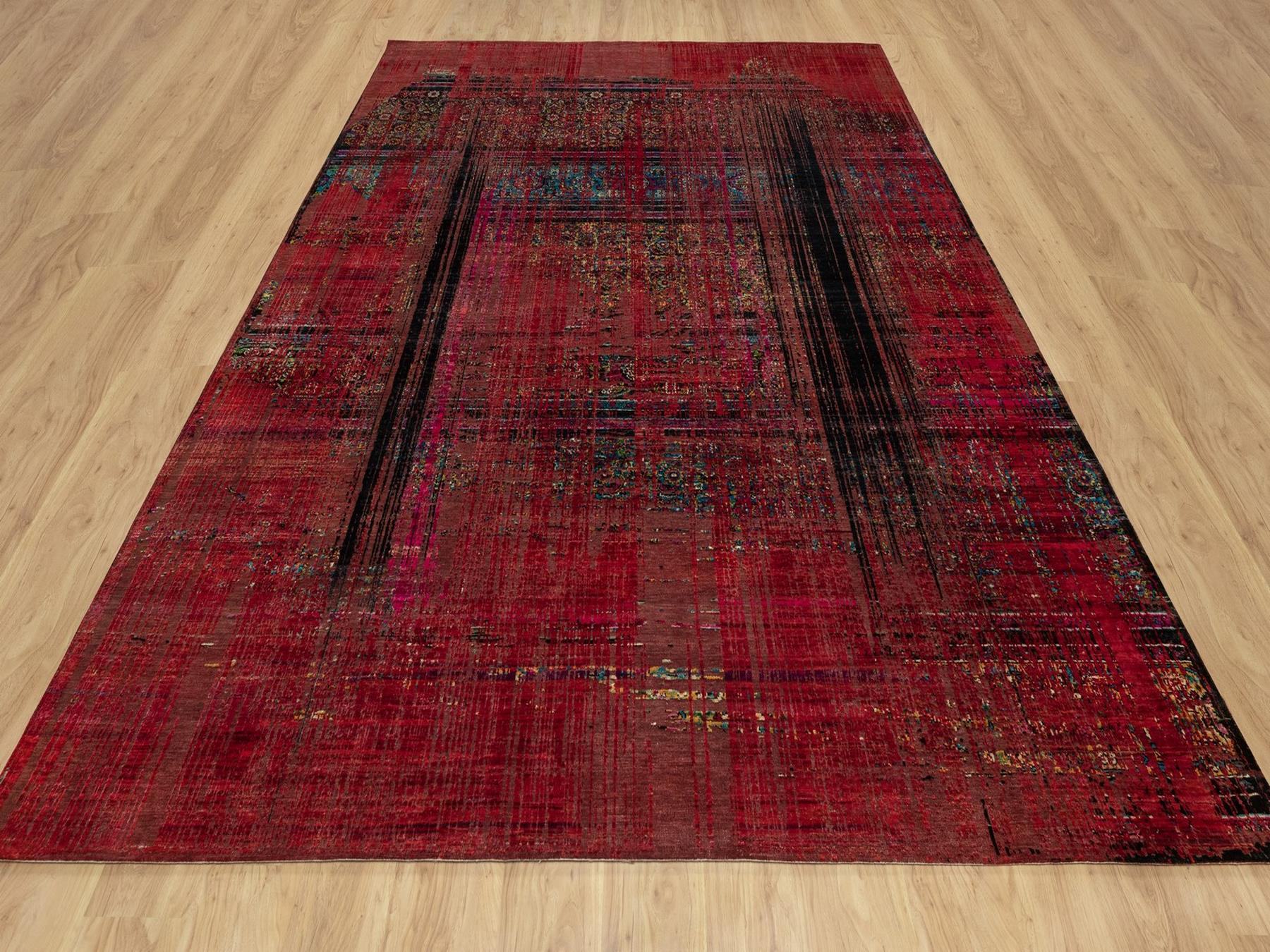 8'8"x12' Cherry Red, Broken and Erased Persian Pattern, Sari Silk with Oxidized Wool, Hand Knotted, Oriental Rug HR91893 - Image 2