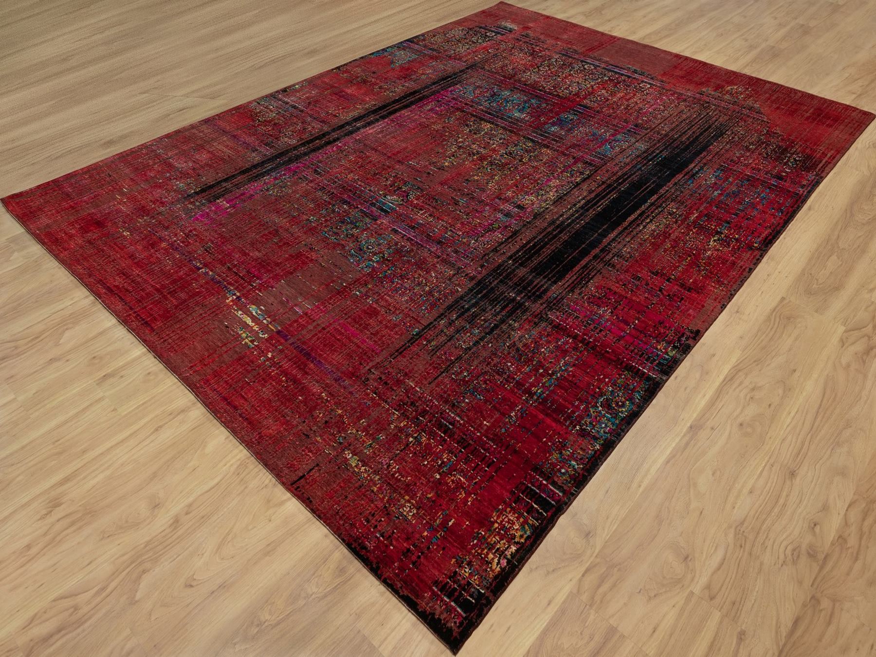 8'8"x12' Cherry Red, Broken and Erased Persian Pattern, Sari Silk with Oxidized Wool, Hand Knotted, Oriental Rug HR91893 - Image 3