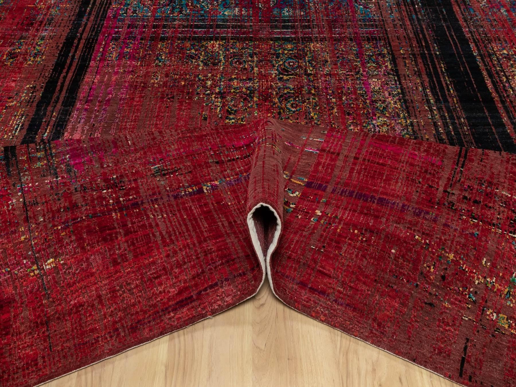8'8"x12' Cherry Red, Broken and Erased Persian Pattern, Sari Silk with Oxidized Wool, Hand Knotted, Oriental Rug HR91893 - Image 5