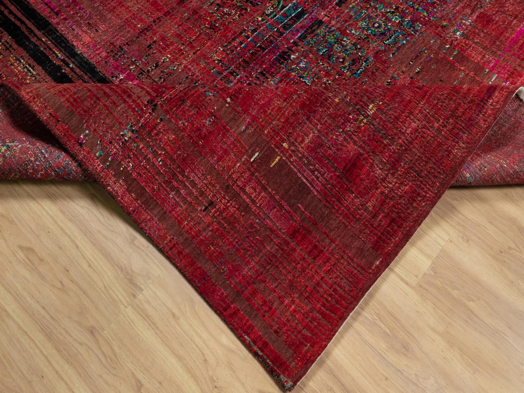 8'8"x12' Cherry Red, Broken and Erased Persian Pattern, Sari Silk with Oxidized Wool, Hand Knotted, Oriental Rug HR91893 - Image 6