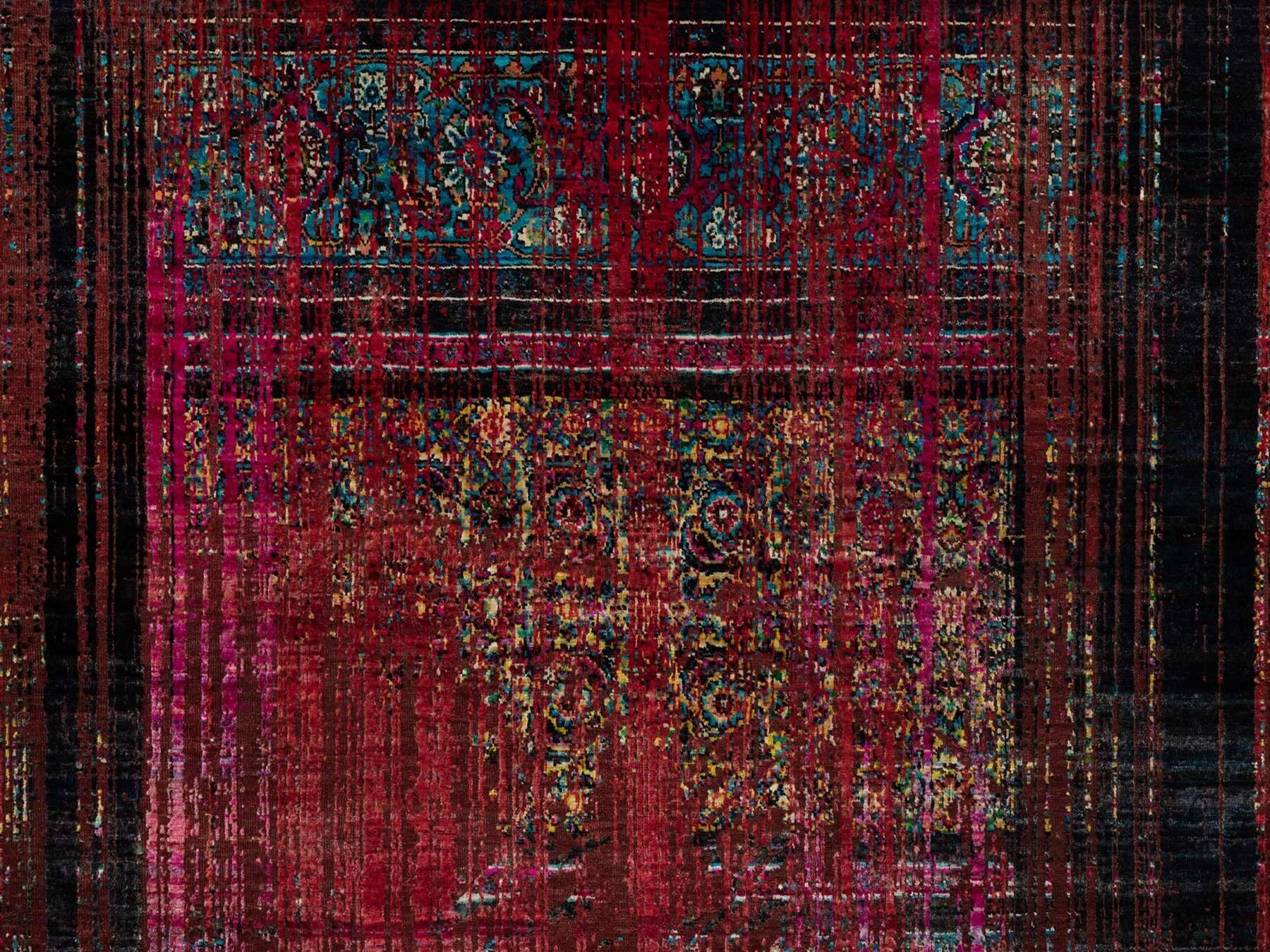 8'8"x12' Cherry Red, Broken and Erased Persian Pattern, Sari Silk with Oxidized Wool, Hand Knotted, Oriental Rug HR91893 - Image 8