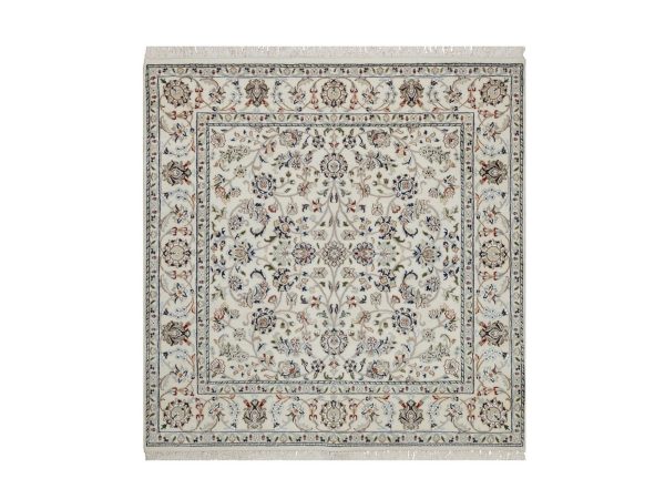 5'2"x5'2" Papyrus White, Nain with All Over Design, Hand Knotted, Wool and Silk, 250 KPSI, Soft Pile, Square, Oriental Rug HR92098