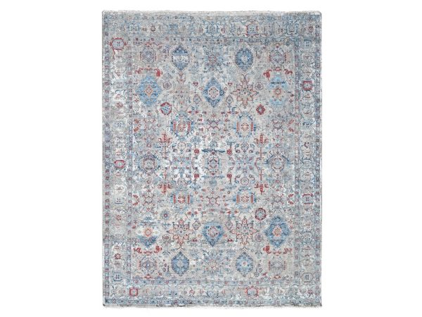 8'9"x11'9" Shades of Blue, Antiqued Tabriz Design, Distressed with Abrash, Zero Pile, Shaved Low, 100% Wool, Hand Knotted, Oriental Rug HR10142