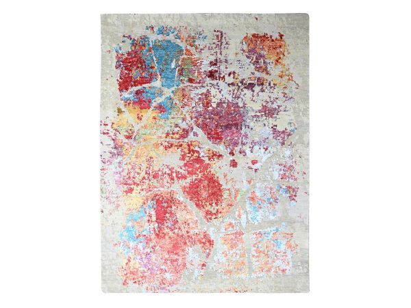 9'1"x12' Imperial Red, Colorful Abstract Design, Wool and Plant Based Silk, Hand Knotted, Nepali Weave, Modern, Oriental Rug HR10271