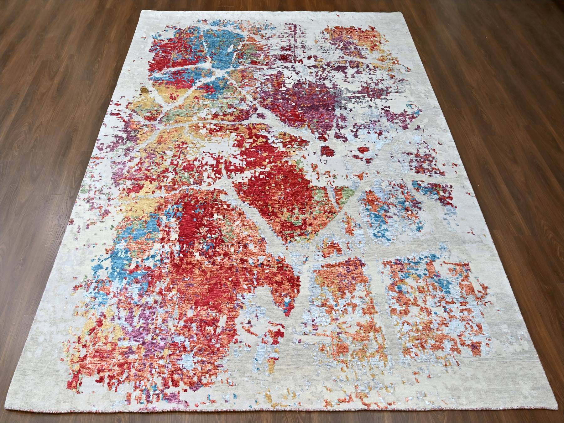 9'1"x12' Imperial Red, Colorful Abstract Design, Wool and Plant Based Silk, Hand Knotted, Nepali Weave, Modern, Oriental Rug HR10271 - Image 2